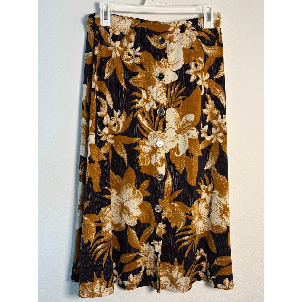 Modern Attraction Tropical Floral Button‎ Front Midi Skirt Mustard Gold Large